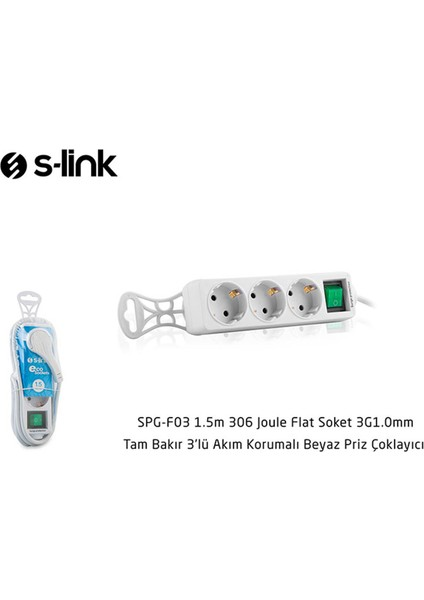 S-link SPG-F03 1.5m 306 Joule Flat Soket 3G1.0mm Tam Bakır 3 lü Akım Korumalı Priz Çoklayıcı